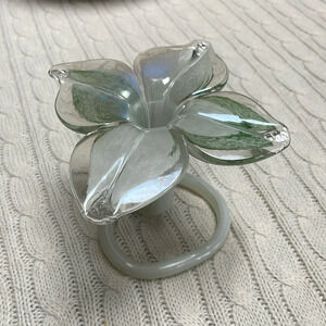 “Murano” glass bud vase. Green white and clear. Swirled tube stem. Leaves petals